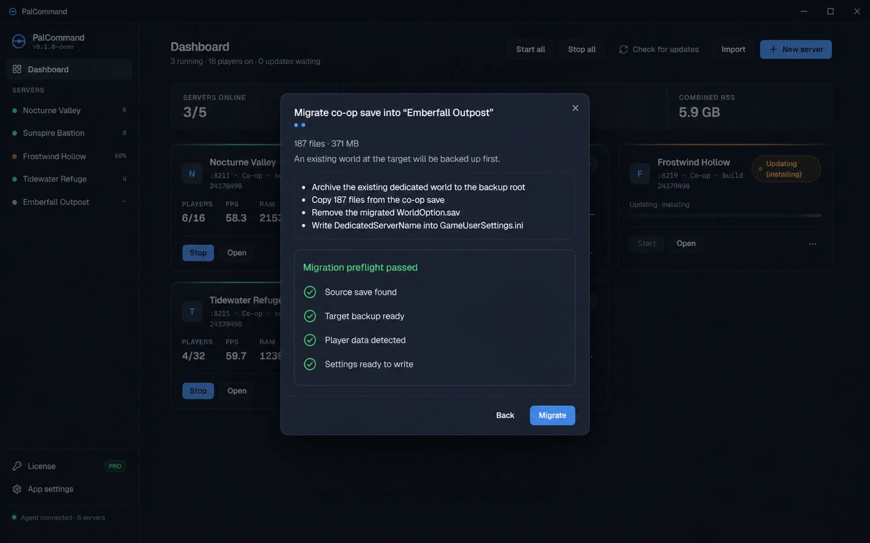 PalCommand migration preflight showing the source save, destination, safety backup, and host-character warning