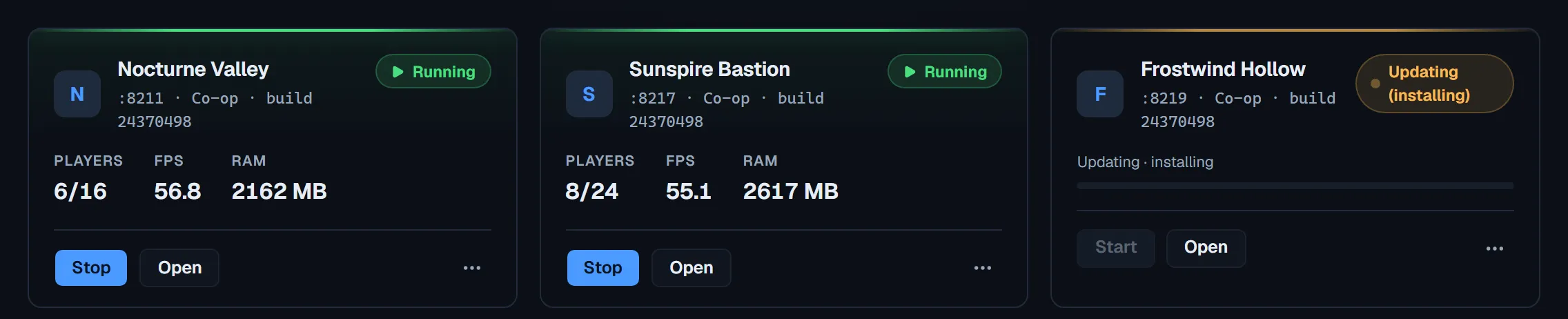 PalCommand updating one server while the rest of the fleet stays visible
